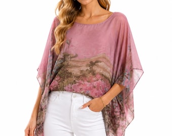 Floral Silk Batwing Tunic Top | Watercolour Print Summer Blouse, UK 8-16