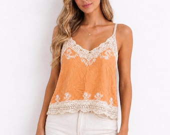 Summer Lightweight Crinkle Cotton Lace Trim Camisole Top with Embroidered Detail