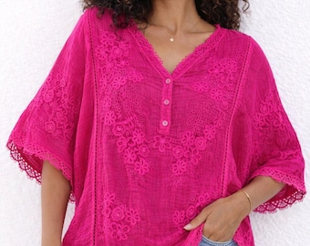Oversized Cotton Embroidered Lace Tunic Top, Boho Summer Blouse, Lightweight Cover Up