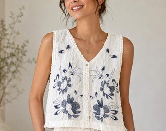 100% Cotton Embroidered Crochet Top for Women, Sleeveless Floral Boho Blouse, Button Front Summer Top, Lightweight Italian Style Top