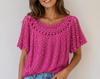 Crochet Lace Tunic Top with Inbuilt Tank, Lightweight Boho Summer Blouse