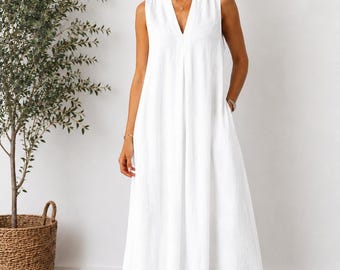 Italian Sleeveless Maxi Dress Women V Neck Loose Summer Dress with Pockets Casual Holiday Beach Long Dress Made in Italy