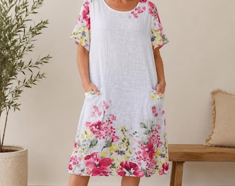 Italian Cotton Tunic Dress for Women | Floral Summer Dress | Loose Fit Pocket Dress | Lagenlook | One Size UK 8-16