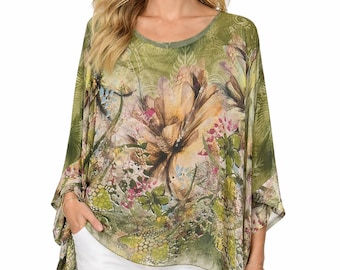 Silk Blouse, Boho Batwing Sleeve Top, Lightweight Kimono Beach Cover Up