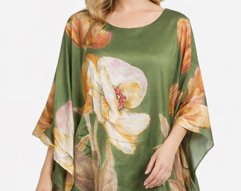Italian Floral Silk Tunic Top | Boho Batwing Sleeve Blouse | Lightweight Kimono Cover Up | One Size Fits UK 8-16
