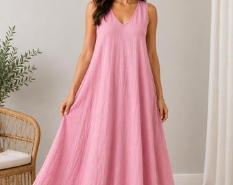 Oversized Lagenlook Beach Dress | 100% Cotton Made in Italy | Sleeveless Flowing Maxi Dress