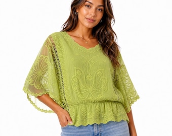 Summer Cotton Top For Women | Butterfly Sleeve Bohemian Embroidered Peplum Top
