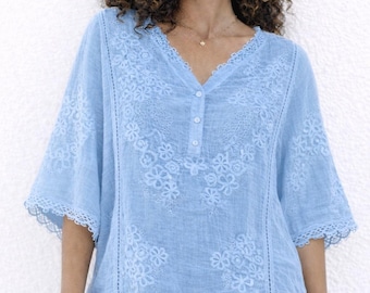 Elegant Women’s Embroidered Lace Tunic Top, Boho Summer Blouse, Lightweight Cover Up