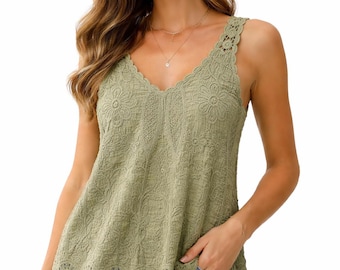 100% Cotton Lace Tank Top, Floral V-Neck, Scalloped Hem Summer Cami