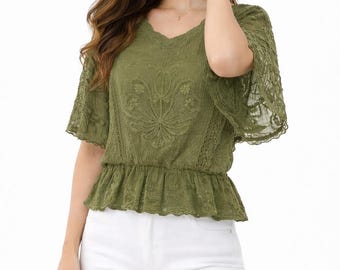 Elegant Lace Blouse for Women | Bohemian Embroidered Peplum Top | Festival Wear