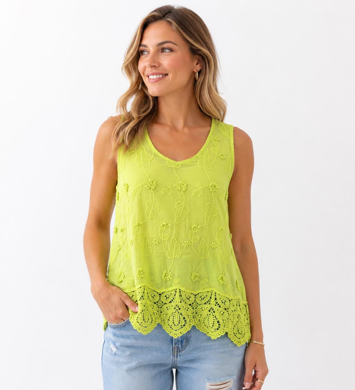 Embroidered Cotton Sleeveless Top Floral Crochet Lace Hem Summer Blouse (One Size UK 8-14)