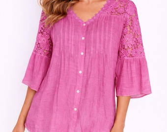 Boho Lace Blouse Women Loose Fit Cotton Tunic Top Button Front Summer Top