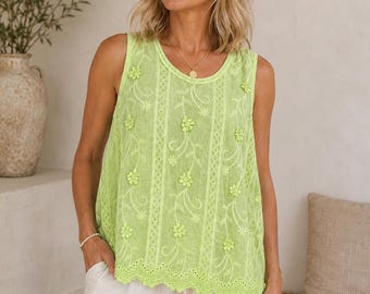 100% Cotton Floral Embroidery Sleeveless Tunic, Relaxed Fit Boho Summer Blouse