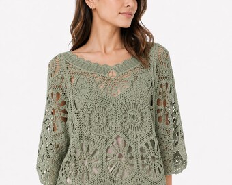Boho Granny Square Crochet Top – 100% Cotton Lace Tunic Cover Up