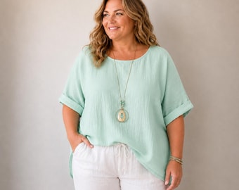 Italian Cotton Extra Oversized Tunic Top with Necklace | Lagenlook Boho Blouse | Loose Fit Summer Top | Rolled Sleeve | One Size UK 10-18