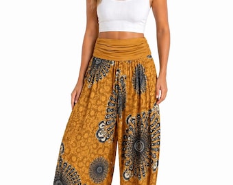 Boho Harem Dancing Pants Women | Mandala Print High Waist Trousers | Lightweight Viscose Summer Pants | Loose Fit UK 8–16