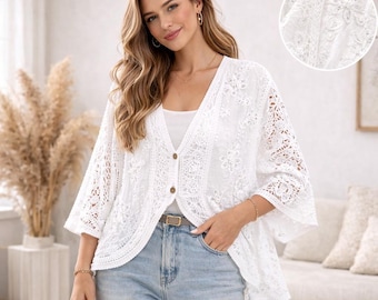 White Cream Lace Kimono Cardigan, Floral Embroidery, Pearl Sequin Summer Layer