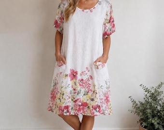 Italian Cotton Tunic Dress for Women | Floral Summer Dress | Loose Fit Pocket Dress | Lagenlook | One Size UK 8-16