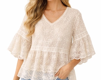 100% Cotton Floral Lace Blouse, Boho Ruffle Sleeve Summer Top