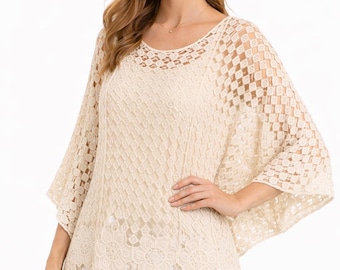 Italian Crochet Lace Cover-Up Tunic | Resort Boho Summer Top | One Size UK 8–16