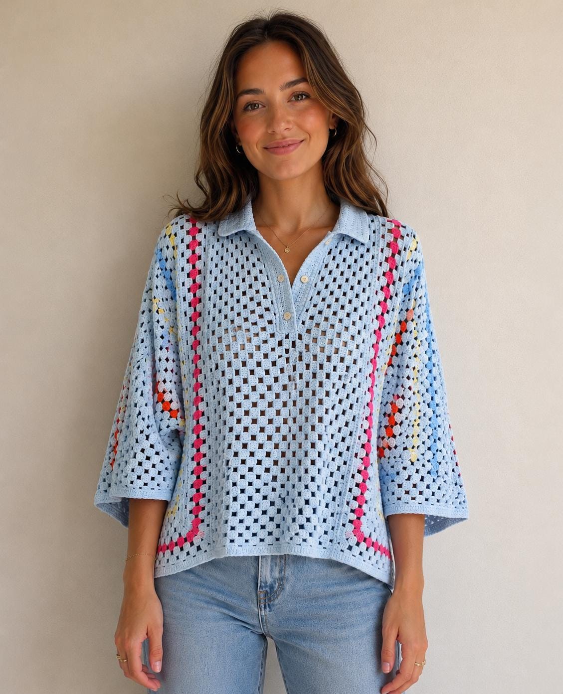Lightweight Cotton Crochet Polo Top, Colourful Granny Square Knit, Oversized Boho Sweater