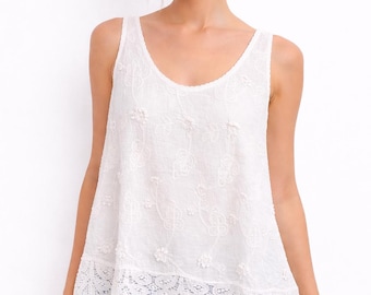 Embroidered Cotton Tank Top, Boho Floral Lace Hem Summer Blouse