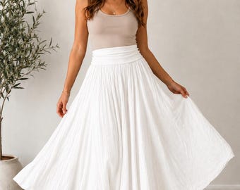 Boho Lagenlook Italian Cotton Crinkle Maxi Skirt - Flowy Summer Style, One Size UK 8-16