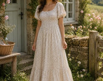 Made in Italy Floral Maxi Dress | Square Neck Puff Sleeve | Boho Cottagecore Summer Wear | One Size UK 8-16