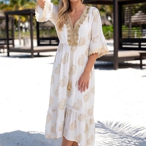 White Gold Leaf Print Boho Dress, Cotton Viscose Summer Dress, Embellished Sequin Neckline, Midi Maxi Holiday Beach Dress, UK 8-16