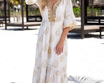 Boho Embroidered Dress for Women, Maxi and Short Summer Dress, Beach Vacation Dress, Holiday Resort Wear, Flowy Kaftan, Beach Cover Up