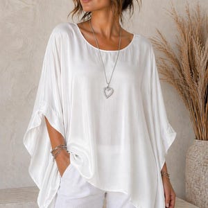 Italian Plain Silk Kaftan Tunic Top, Oversized Batwing Sleeves, Relaxed Fit Blouse