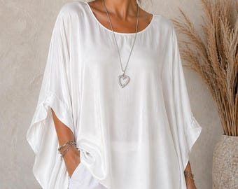 Womens Italian Silk Blend Batwing Tunic Top | Flowy Lagenlook Blouse (UK 8–16)