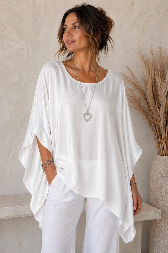 Italian Plain Silk Kaftan Tunic Top, Oversized Batwing Sleeves Top, Relaxed Fit Blouse