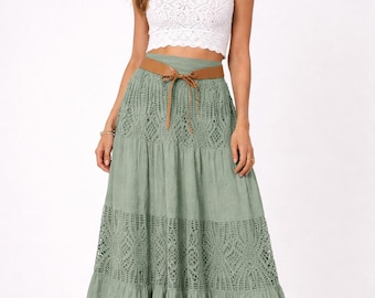 Boho Maxi Skirt with Belt, Crochet Lace Panel, High Waist Summer Festival Wear