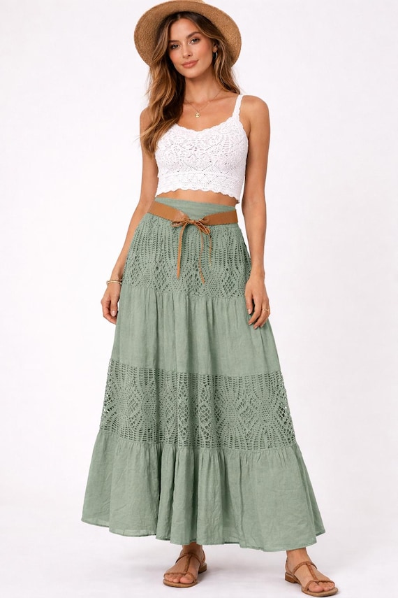 Boho Maxi Skirt with Belt, Crochet Lace Panel, High Waist Summer Festival Wear