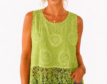Italian Cotton Floral Embroidered Lace Top, Crochet Hem Summer Blouse
