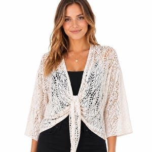 Crochet Lace Bolero Shrug – Tie Front Summer Cover Up, Viscose Blend