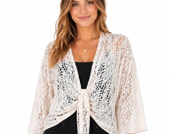 Crochet Lace Bolero Shrug – Tie Front Summer Cover Up, Viscose Blend
