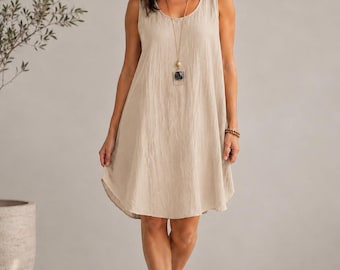 Italian Cotton Sleeveless  Dress | Loose Fit A-Line Summer Tunic (One Size UK 8-16)
