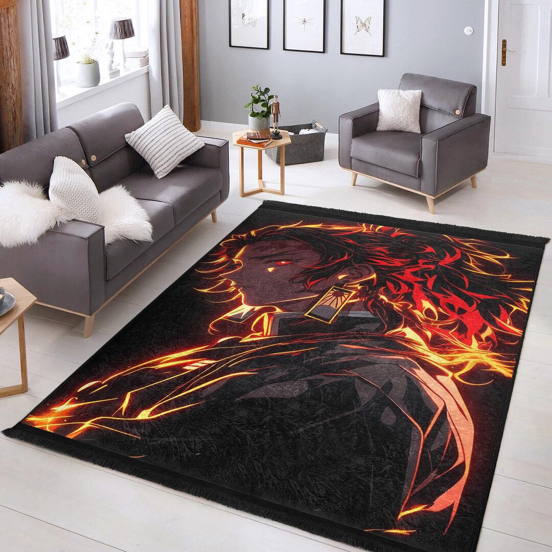 Tanjiro Rug Demon Slayer Rug, Tanjiro Anime Fire Area Rug, Glowing Flame Manga ...