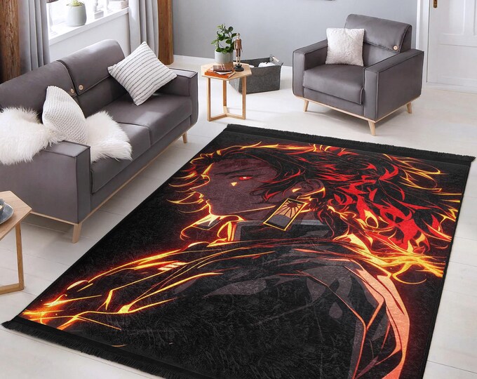 Slayer Custom Rug Demon Slayer Rug, Tanjiro Anime Fire Area Rug, Glowing Flame Manga ...