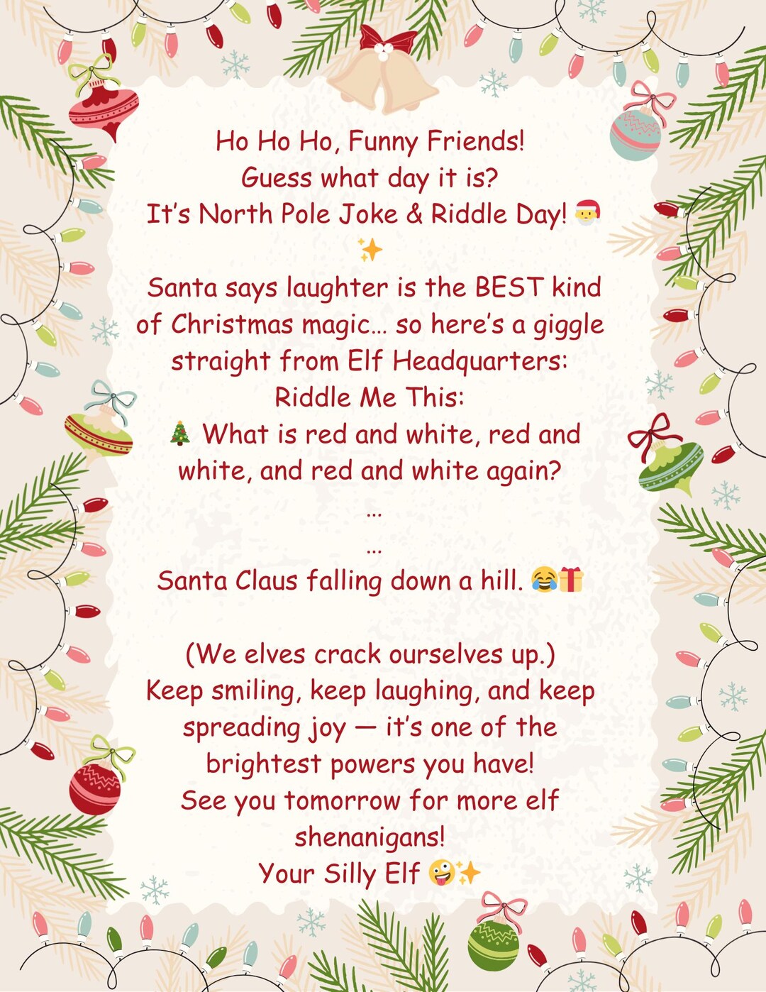 Elf Riddle Fun Elf Joke & Riddle Letter Printable β Funny Elf on the Shelf Note ...