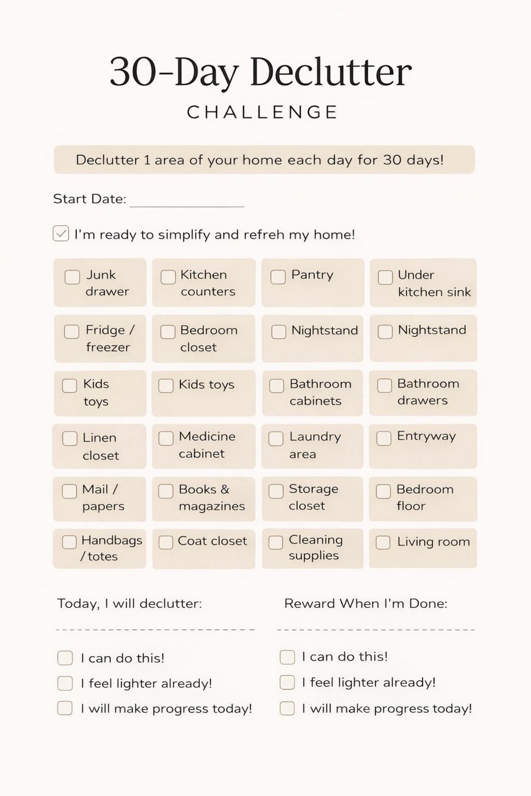 30 Day Declutter Challenge Printable | Home Organization Checklist ...