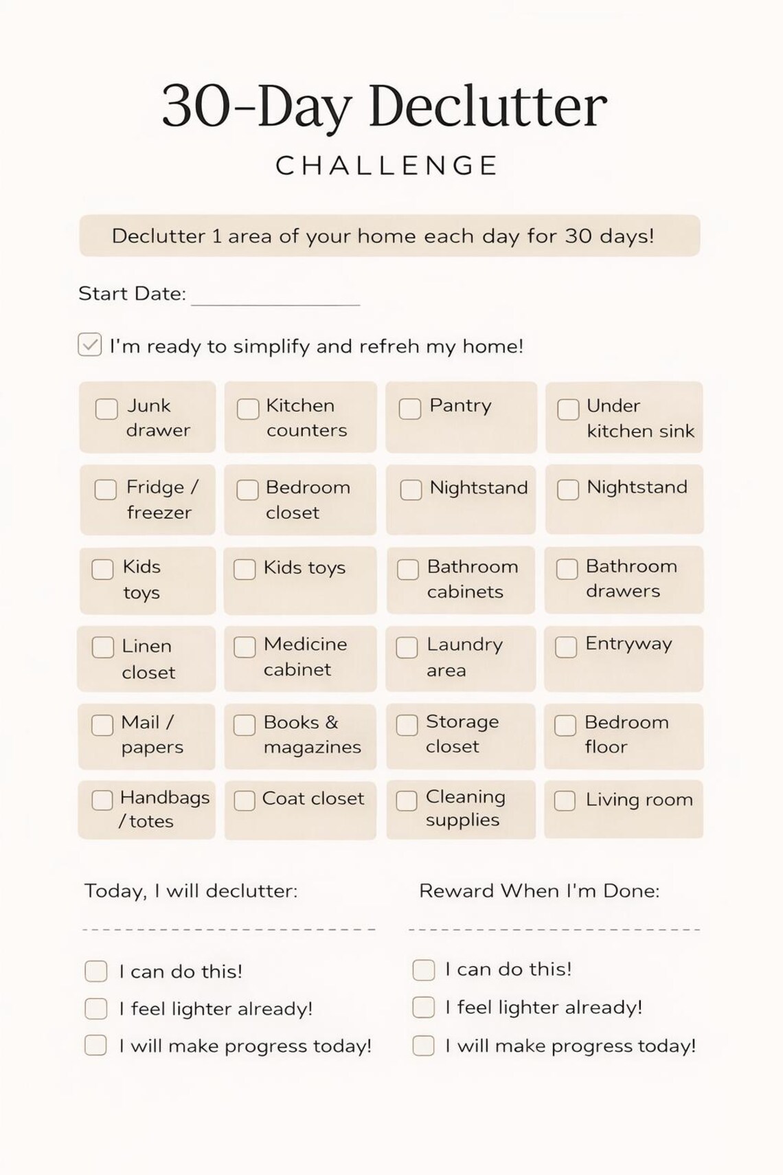Extreme Declutter Challenge Worksheet.pdf 30 Day Declutter Challenge Printable | Home Organization Checklist ...