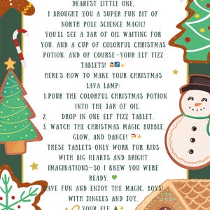 Pode incluir: Um cartão de Natal festivo com uma borda verde, apresentando bonecos de gengibre, árvores de Natal e um boneco de neve. O cartão inclui texto sobre uma experiência de lâmpada de lava de Natal com comprimidos efervescentes de elfo.