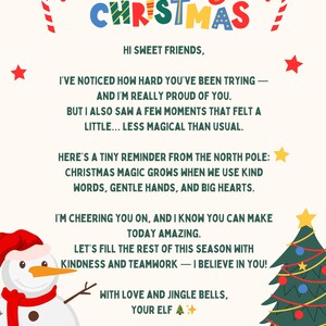 Pode incluir: Um cartão de Natal festivo com um boneco de neve, uma árvore de Natal e presentes embrulhados. O cartão apresenta o texto "Merry Christmas" em letras coloridas e uma mensagem sobre bondade e trabalho em equipe.