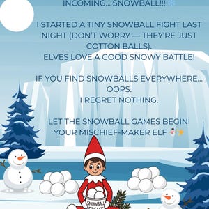 Può includere: Un'illustrazione stravagante con un elfo in rosso e bianco che tiene in mano un secchio di palle di neve. L'immagine include pupazzi di neve, fiocchi di neve e testo che recita "Incoming... Snowball!!!" e "Let the snowball games begin!"