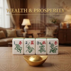 May include: Four white Mahjong tiles with green and red illustrations and numbers, and a gold ingot. The text "WEALTH & PROSPERITY" is above the tiles. The tiles are numbered 1 through 4.
