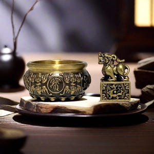 May include: A bronze incense burner with intricate relief carvings and a matching decorative figurine. The burner has a wide, open bowl shape and sits on a wooden base. The figurine is a stylized lion on a square base.