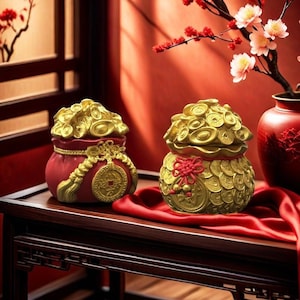 Könnte beinhalten: Zwei dekorative goldene Münztaschen mit roten Akzenten stehen auf einem dunklen Holztisch. Eine Tasche ist rot mit goldenen Details, die andere ist ganz golden. Ein rotes Satintuch und eine Vase mit Blumen befinden sich im Hintergrund.